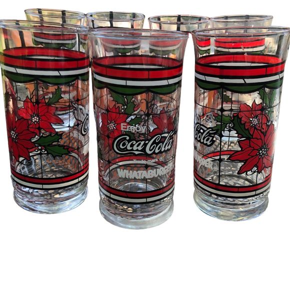 Lot of 7 Coca-Cola & Whataburger Christmas Stained Glass Beverage Glasses - Picture 8 of 8